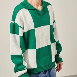 Green Textured Knit Long Sleeve Polo with Checker Board Print